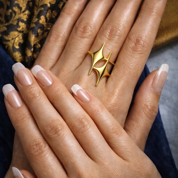 NKULTD Jewelry - 18K Gold Plated Stainless Steel Celestial Starburst Sculptural Adjustable Ring